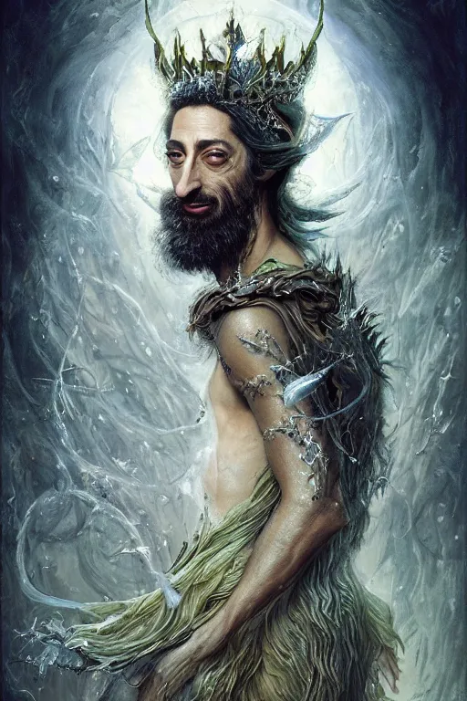 Prompt: upper body portrait shot of adrien brody as king oberon, fairy wings, lord of beasts, highly detailed, digital painting, artstation, concept art, soft focus, depth of field, artgerm, tomasz alen kopera, peter mohrbacher, donato giancola, wlop, boris vallejo