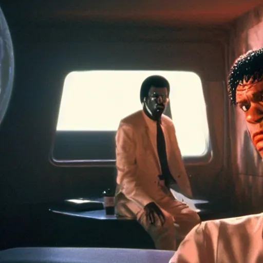 Image similar to pulp fiction frame in a sci - fi setting, movie still, photography, hyper detailed, dramatic ligthing, 8 k