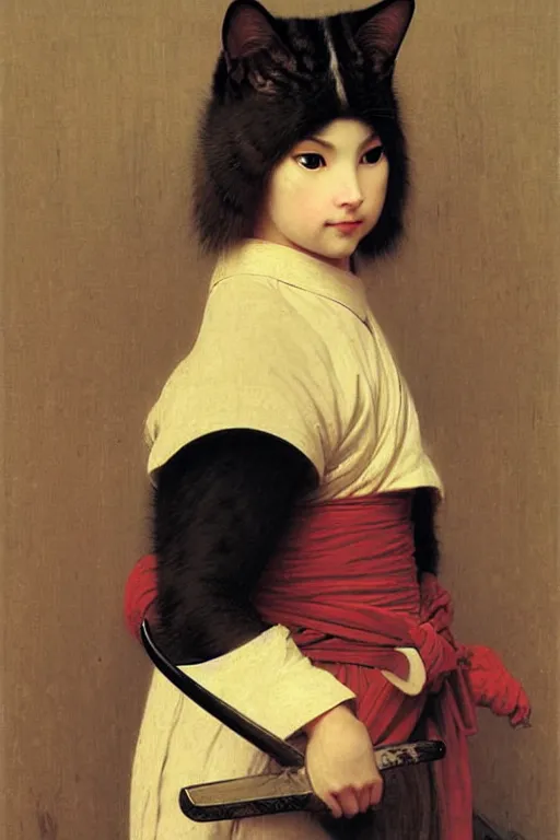 Image similar to portrait of a cat samurai, wearing samurai armor and helmet, by bouguereau