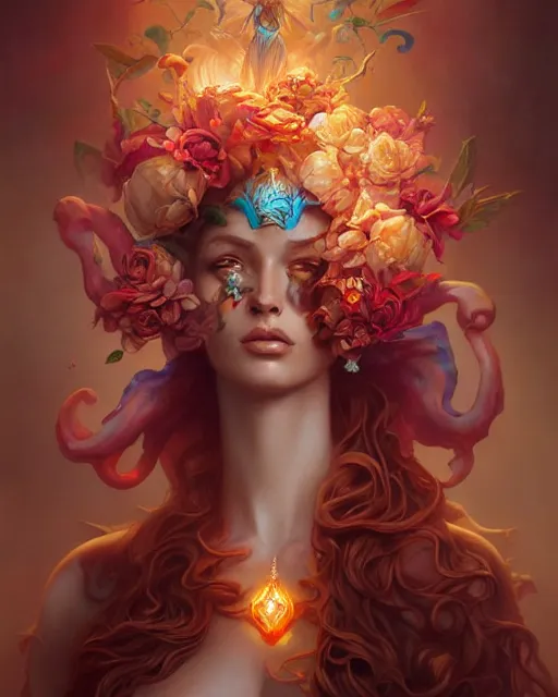 Image similar to liquid magma priestess adorned with flowers and gemstones, artgerm, peter mohrbacher, jesper ejsing, photorealism, highly detailed portrait, volumetric lighting