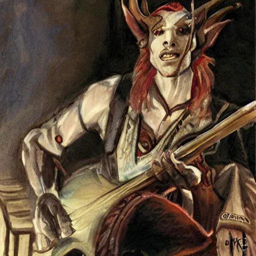 Image similar to D&D character portrait tiefling bard in a tavern playing a song but bad by josh kirby