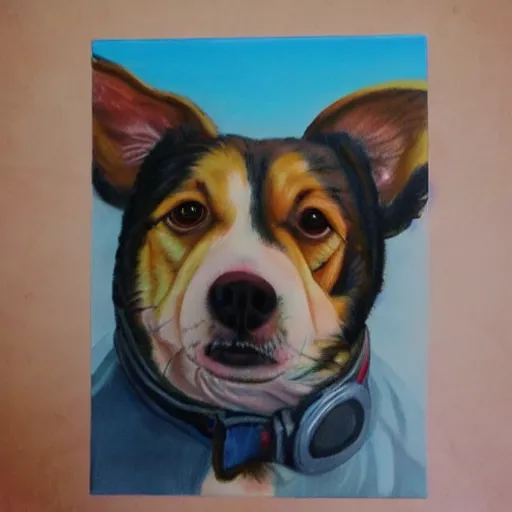 Image similar to painting of cute dog, full size, in style of studio ghibli, photorealistic