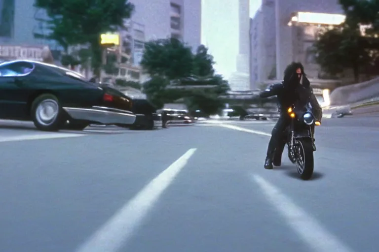 Prompt: beautiful hyperrealism three point perspective film still of Keanu Reeves as neo in bullet time aiming at agent smith in a nice oceanfront promenade motorcycle chase scene in Matrix meets ronin(1990) extreme closeup portrait in style of 1990s frontiers in translucent porcelain miniature street photography fashion edition,, tilt shift style scene background, soft lighting, Kodak Portra 400, cinematic style, telephoto by Emmanuel Lubezki