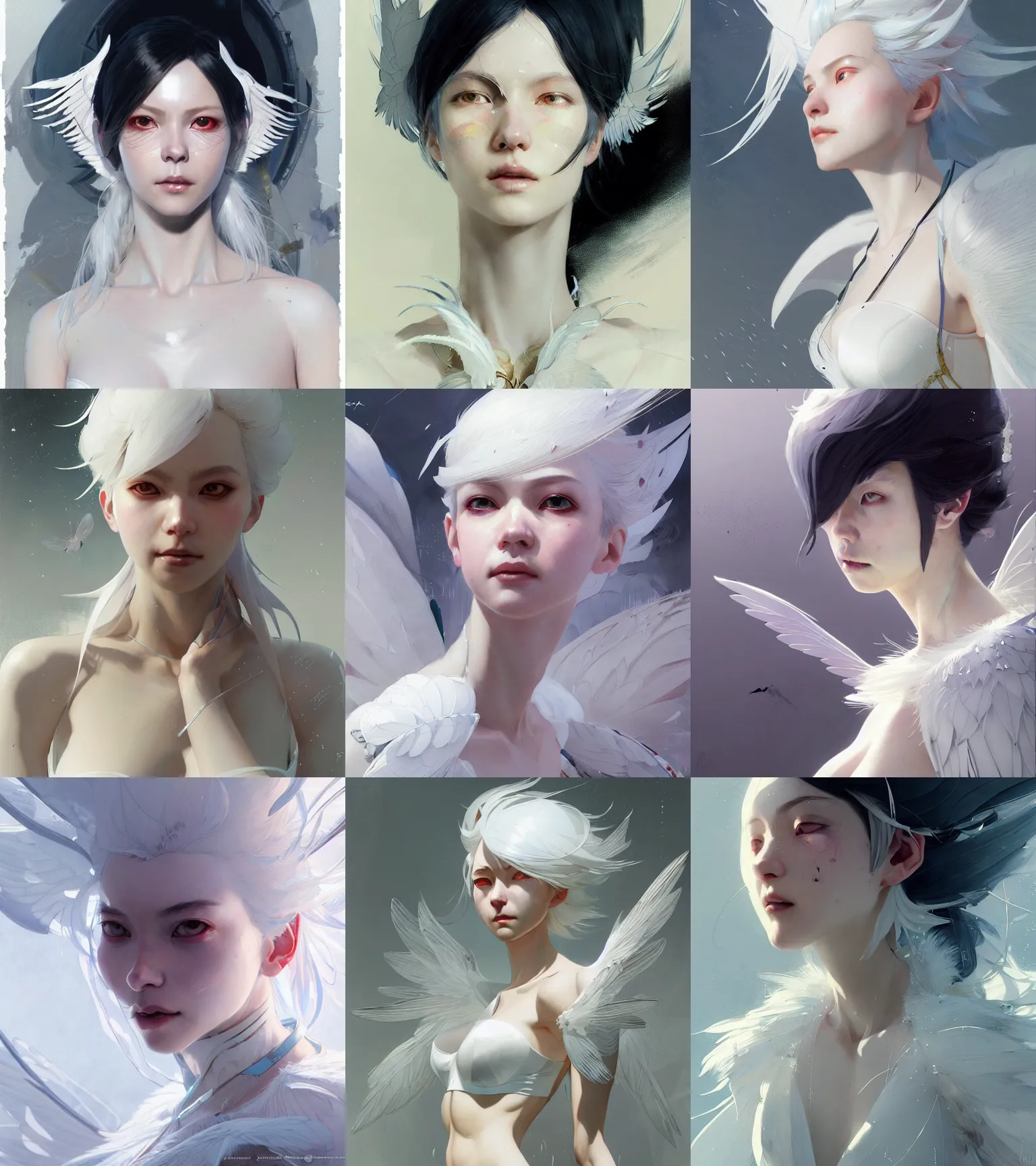 Prompt: character design by jakub rebelka, tran nguyen, yoann lossel, wadim kashin ( ( ( portrait of a white haired cute japanese girl with white wings in a white elegant bra ) ) ) sharp edges. ultra clear detailed. 8 k. ultra detailed, elegant, intricate,