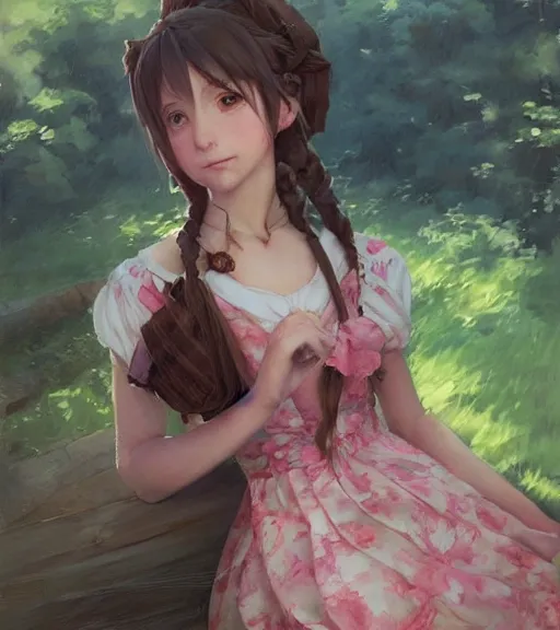 Image similar to aerith gainsborough in a cottagecore dress, portrait, illustration, rim light, top light, perfectly shaded, spring time, slight overcast lighting, soft painting, art by krenz cushart and wenjun lin