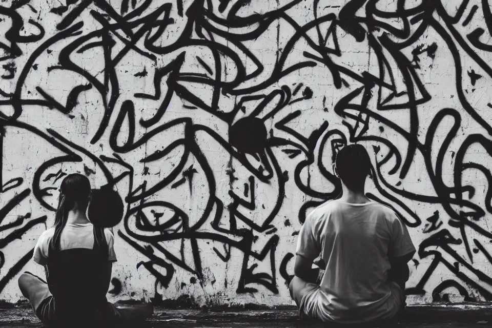 Image similar to black and white photograph of graffiti showing a person meditating