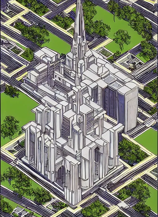 Prompt: isometric artdeco cathedral by frank lloyd wright, shot from drone isometric, painted by piet mondrian