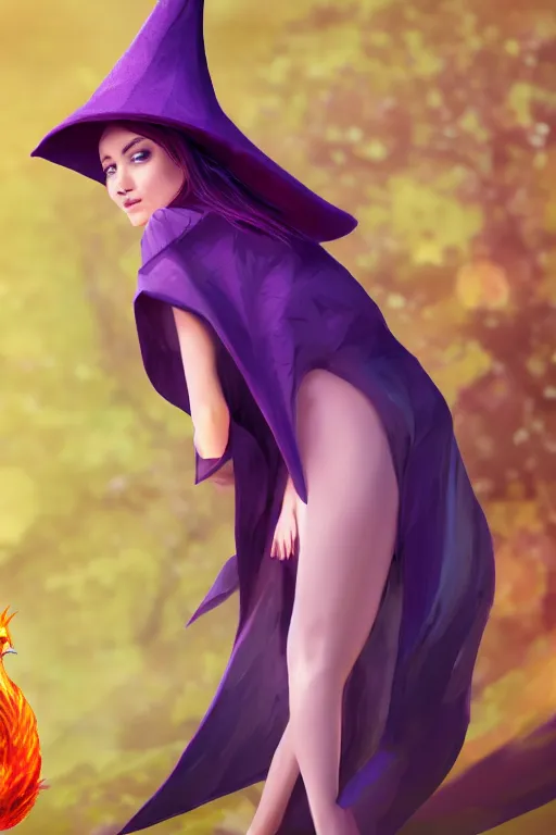 Prompt: Young beautiful short woman in purple witch robes and pointy hat with a small pet tiny adorable phoenix on her shoulder, full body shot, digital art, detailed render, 3D material, Cell Shader