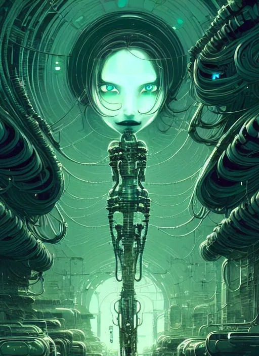 Image similar to highly detailed portrait of a biopunk long curly white hair tribal lady, stray wiring by atey ghailan, james gilleard, by joe fenton, by greg rutkowski, by greg tocchini, by kaethe butcher, 4 k resolution, gradient green, black and white color scheme!!! ( ( green irradiated robotic dystopian city background ) )