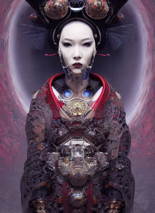 Prompt: portrait of a seductive cyberpunk geisha cyborg with headpiece, imari, sacred geometry, fractal, in the style of ghosts in the shell, intricate ornaments, elegant, highly detailed, digital photography, subsurface scattering, by jheronimus bosch and greg rutkowski,