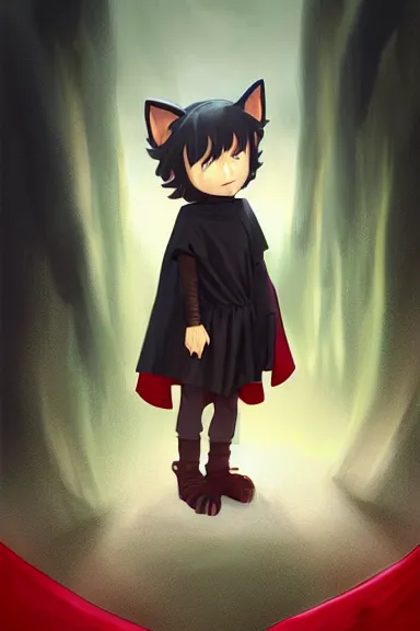 Prompt: little boy with cat ears in an black outfit with red cape. digital artwork made by lois van baarle and kentaro miura and marc simonetti and rhads, sharpness focus, inspired by hirohiko araki, anatomically correct, heroic composition, hero pose, smooth, dark city