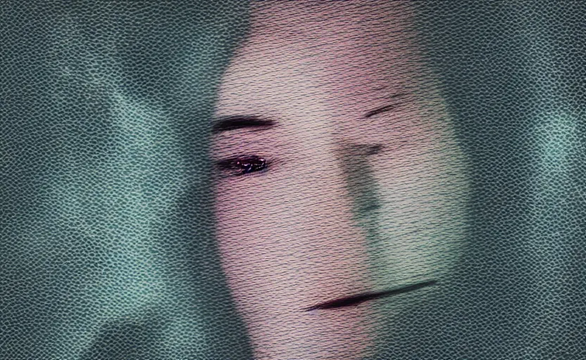 Prompt: damaged vhs tape glitch art of a woman hidden underneath a transluscent sheet, horror, moody, vcr, 1 9 8 0 s analog aesthetic, static contrast