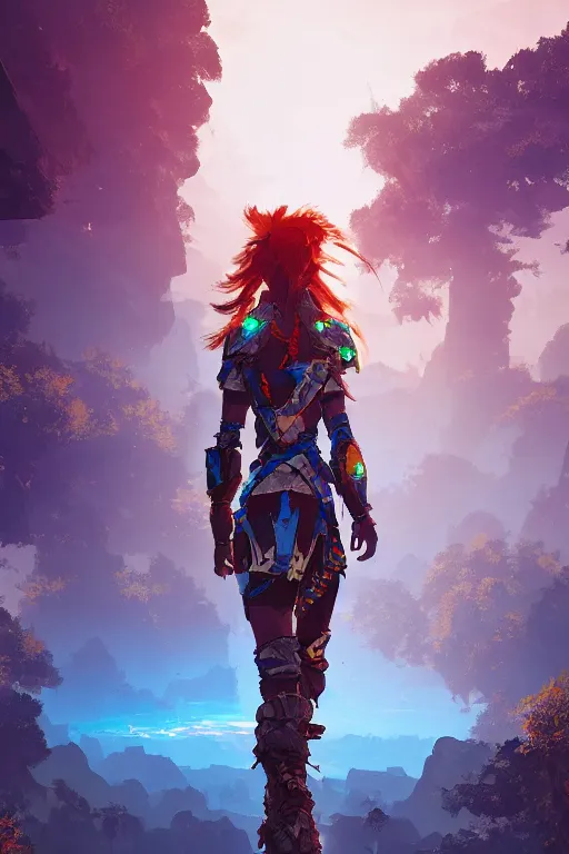 Image similar to combination suit armor aloy horizon forbidden west horizon zero dawn radiating a glowing aura global illumination ray tracing hdr fanart arstation by ian pesty and alena aenami artworks in 4 k tribal robot ninja mask helmet backpack