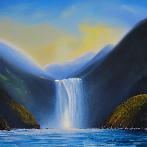 Prompt: new zealand doubtful sound, epic landscape oil painting, low camera angle, waterfall, golden hour