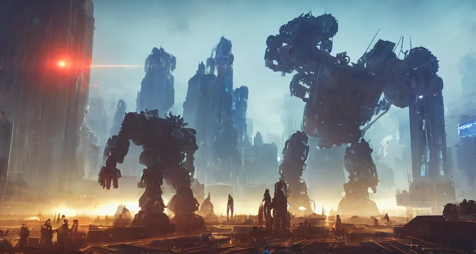 Prompt: a photo of an enormous mech towering over a crowd of astronauts in a futuristic city in the background, ultra realistic, hyper - detailed, unreal engine, raytraced lighting, colorful accents