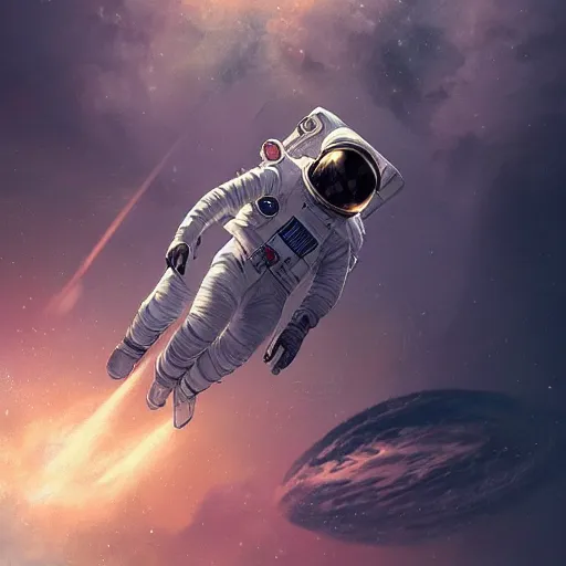 Image similar to astronaut falling through the clouds in jupiter, by cedric peyravernay, highly detailed, excellent composition, cinematic concept art, dramatic lighting, trending on artstation