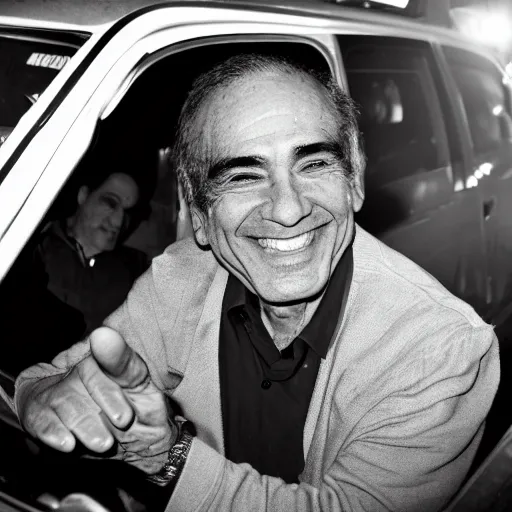 Prompt: Lalo Salamanca smiling, sitting in a car at night