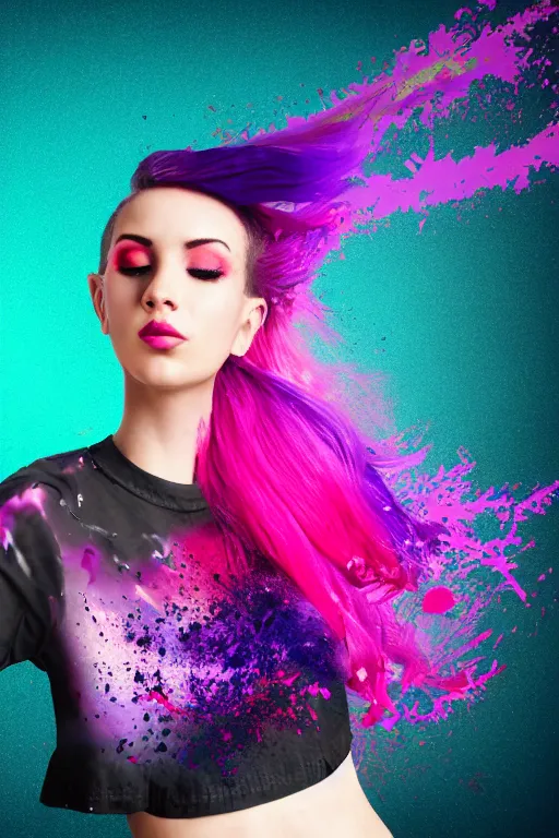 Image similar to a award winning half body porttrait of a beautiful woman in a croptop and cargo pants with ombre purple pink teal hairstyle with head in motion and hair flying, paint splashes, splatter, outrun, vaporware, shaded flat illustration, digital art, trending on artstation, highly detailed, fine detail, intricate