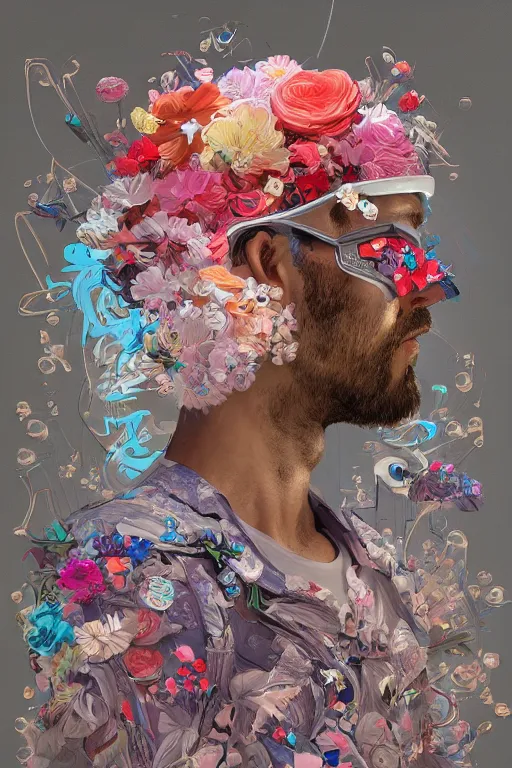 Prompt: a man wearing a helmet with flowers on it, cyberpunk art by James Jean, cgsociety, generative art, made of flowers, made of plastic, made of cardboard