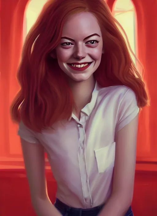 Prompt: portrait of teenage emma stone, long haircut, flowing ginger hair, white shirt, red tie, smiling kindly, soviet house at background, 1 9 8 0 s, intricate, elegant, glowing lights, highly detailed, digital painting, artstation, concept art, smooth, sharp focus, illustration, art by wlop, mars ravelo and greg rutkowski