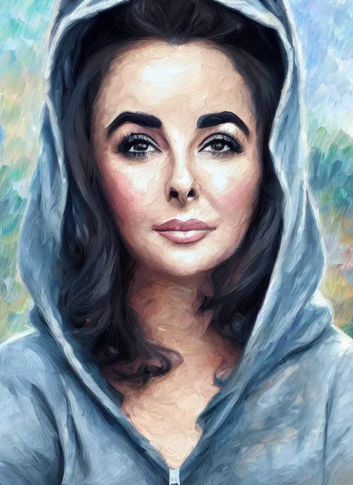 Image similar to elizabeth taylor, gray hoodie, jeans, tiara, half body shot, path traced, highly detailed, high quality, digital painting, alena aenami, leonid afremov, lilia alvarado, shinji aramaki, karol bak, alphonse mucha, tom bagshaw