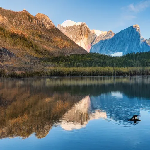 Image similar to photo of two black swans touching heads in a beautiful reflective mountain lake, a colorful hot air balloon is flying above reflecting off water, hot air balloon, intricate, 8k highly professionally detailed, centered, HDR, CGsociety