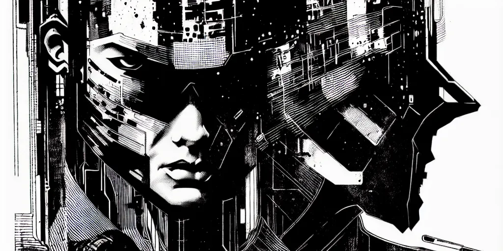 Prompt: cyberpunk portrait, bold line art, by vincent di fate and bernie wrightson, inking, etching, screen print, sharp, high contrast, hyper - detailed