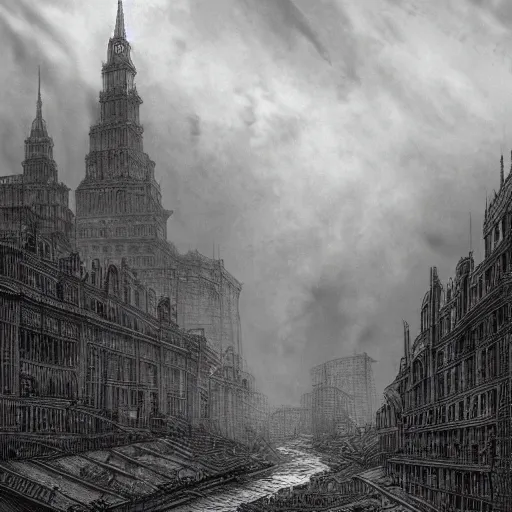 Image similar to dieselpunk city pollution river fog wires high detailed drawn by gustave dore perspective wide angle