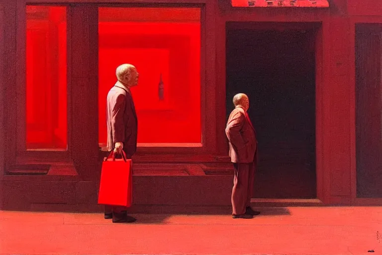 Image similar to only with red, a red old stylish man try to sell a portrait, crowd cheering, in a city square, in the style of beksinski, parts by edward hopper, parts by rodcenko, parts by yue minjun, intricate and epic composition, red by caravaggio, insanely quality, highly detailed, masterpiece, red light, artstation, 4 k