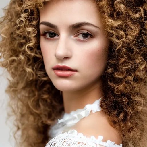 Image similar to A beautiful woman with curly hair in a white lacy handcrafted collar, close-up, portrait, extremely detailed, photography style, trending on ArtStation