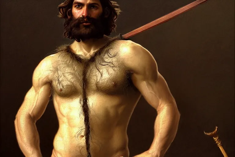 Image similar to renaissance painting full body portrait of a gruff ranger with a spear, lean and toned, handsome face, hairy chest and hairy body, D&D, intricate, elegant, highly detailed, digital painting, artstation, concept art, matte, sharp focus, chiaroscuro, well list, illustration, art by Artgerm and Greg Rutkowski and Alphonse Mucha