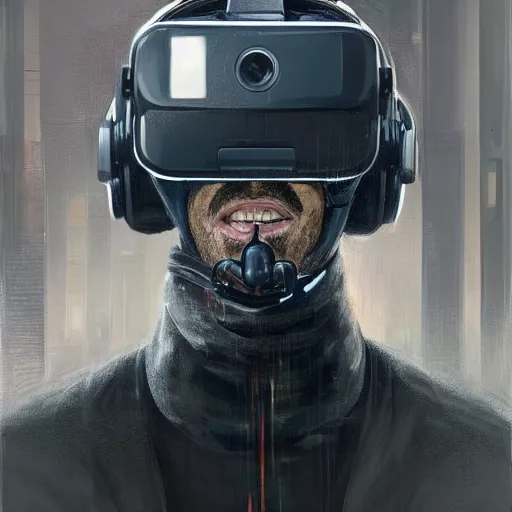 Image similar to Portrait of a man by Greg Rutkowski, symmetrical face, a marine with a helmet, using a VR Headset, Kubric Stare, with a cigarete in his mouth, crooked smile, he's wearing a tacitcal gear, highly detailed portrait, scifi, digital painting, artstation, book cover, cyberpunk, concept art, smooth, sharp foccus ilustration, Artstation HQ