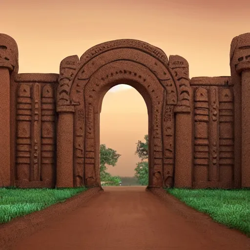 Prompt: High-quality painting of an ornate West African city gate made of mud bricks at dawn, very detailed, peaceful, National Geographic, digital art.