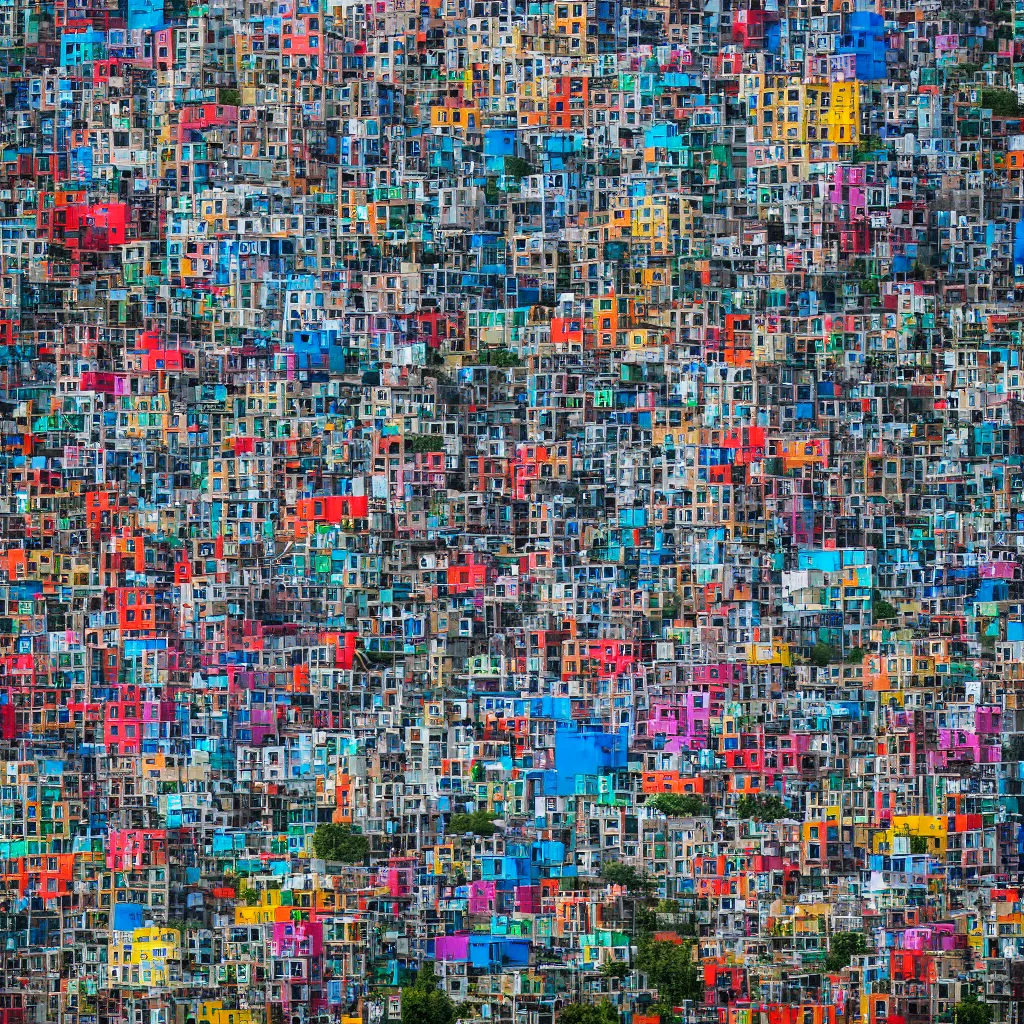 Image similar to three towers, made up of colourful makeshift squatter shacks, large vertical blank spaces, dystopia, sony a 7 r 3, f 1 1, fully frontal view, photographed by jeanette hagglund