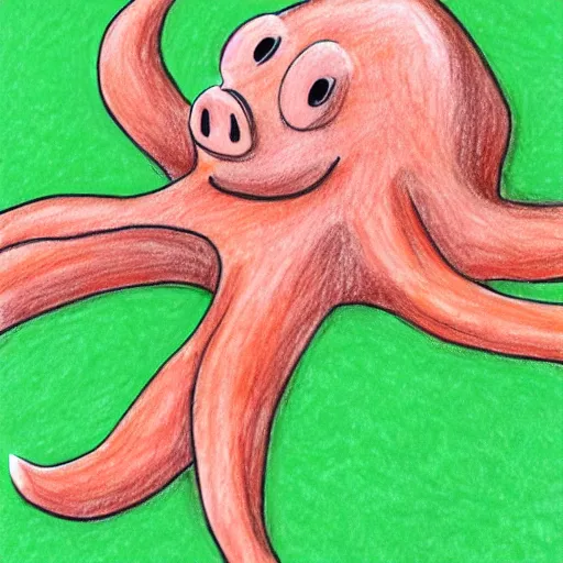 Prompt: super basic drawing of a pig - octopus, weeds, crayon on paper