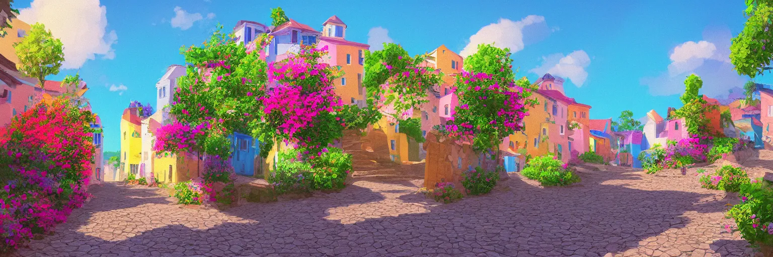 Prompt: a lonely cobblestone street with flowers on a hill with colorful houses near the beach and the sea, brightly illuminated by rays of sun, artstation, colorful sylvain sarrailh illustration, multiple point perspective