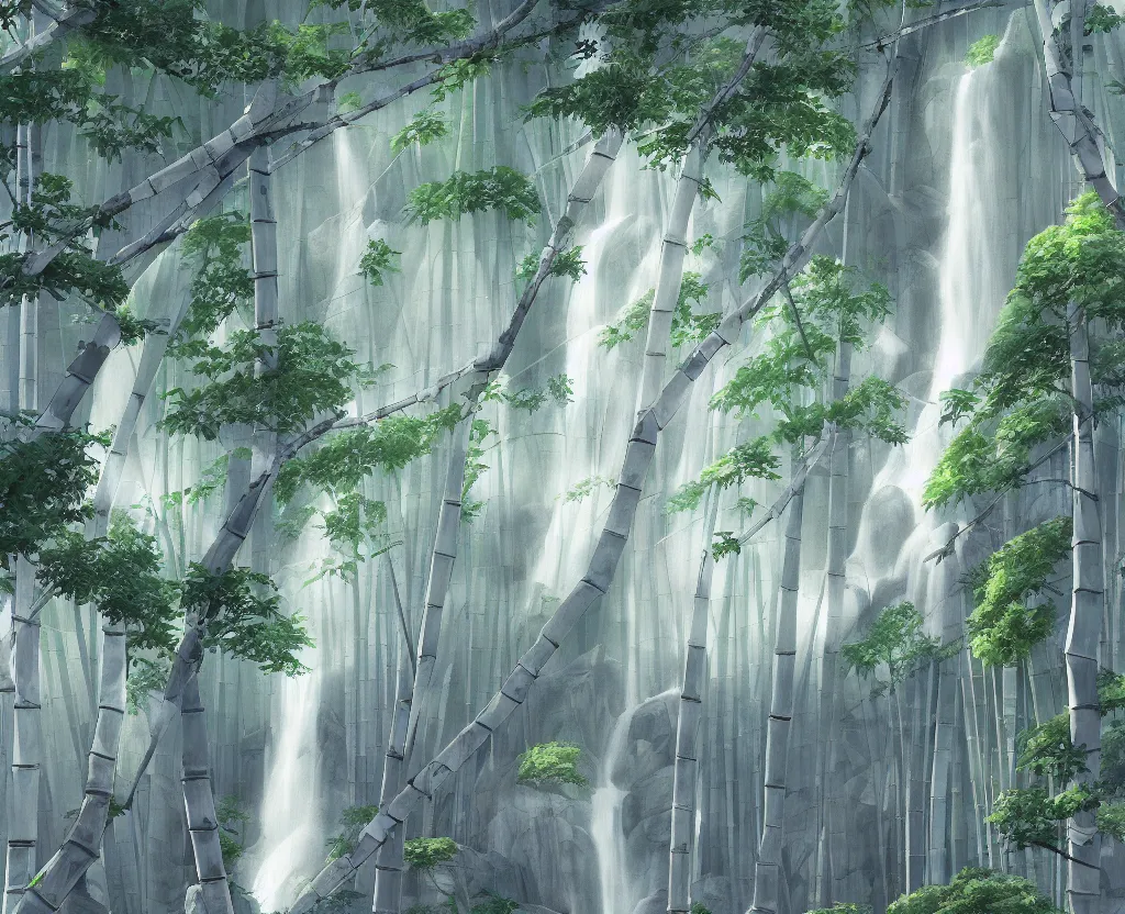 Prompt: misty japanese bamboo forest, cell shaded, huge waterfall, large rocky mountain, drawing, stylized anime, sun rays, soft, by hayao miyazaki, ghibli studio, makoto shinkai, toei animation, studio trigger, trending on artstation, 4 k, hd