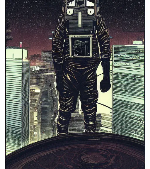 Prompt: cyberpunk japanese man with long limbs and a black spacesuit on a spacewalk outside of their ship, techwear, Industrial Scifi, detailed illustration, character portrait, by Martin Grip and Moebius