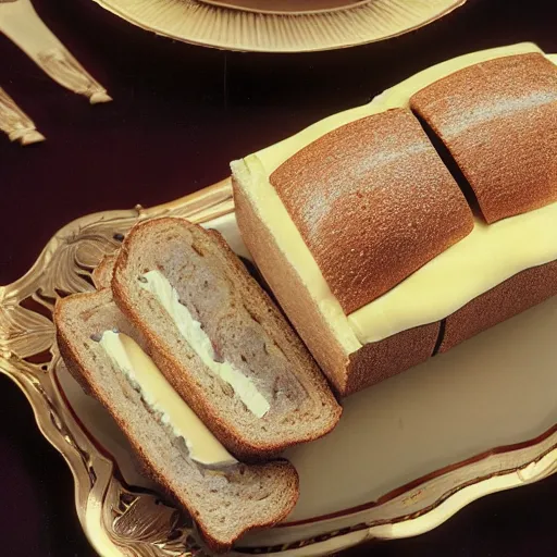 Image similar to sliced frosted sandwich loaf with olives and cream cheese on an ornate golden platter, dinner party display, high resolution magazine scan, seventies era