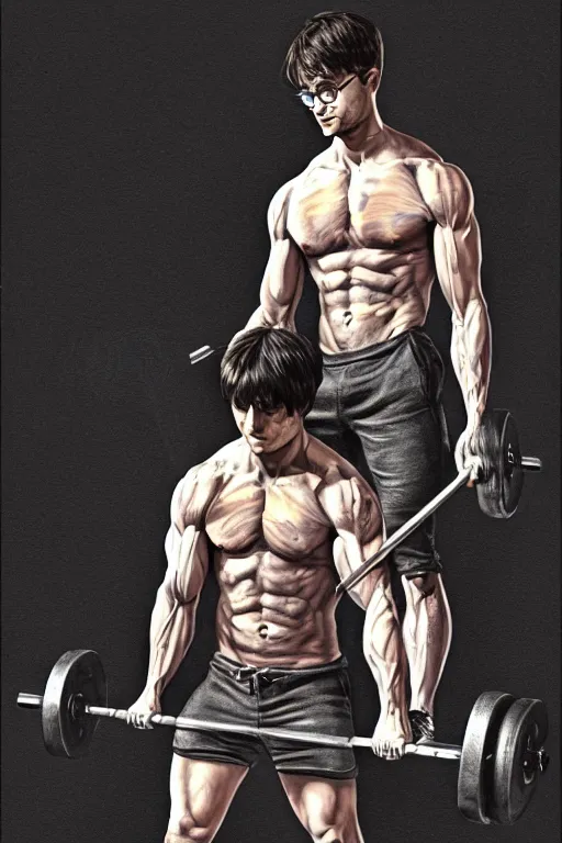 Image similar to highly detailed rendering of Daniel Radcliffe as Harry Potter doing barbell back squats, dingy workout gym, wearing a muscle tee shirt, muscular deep squats, symmetrical, highly detailed, digital painting, artstation, concept art, smooth, sharp focus, illustration, cinematic lighting, art by artgerm and greg rutkowski and alphonse mucha