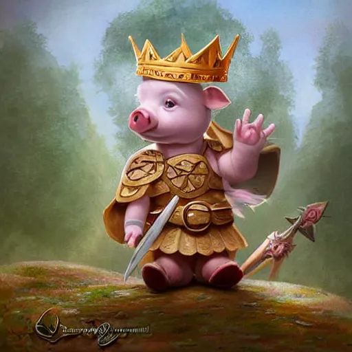 Image similar to cute little cartoonish anthropomorphic piglet warrior princess wearing a cape and a crown, fantasy forest, caricature, tiny, small, miniature pig, baby animal, short, pale blue armor, cute and adorable, pretty, beautiful, DnD character art portrait, matte fantasy painting, DeviantArt Artstation, by Jason Felix by Steve Argyle by Tyler Jacobson by Peter Mohrbacher, cinematic lighting