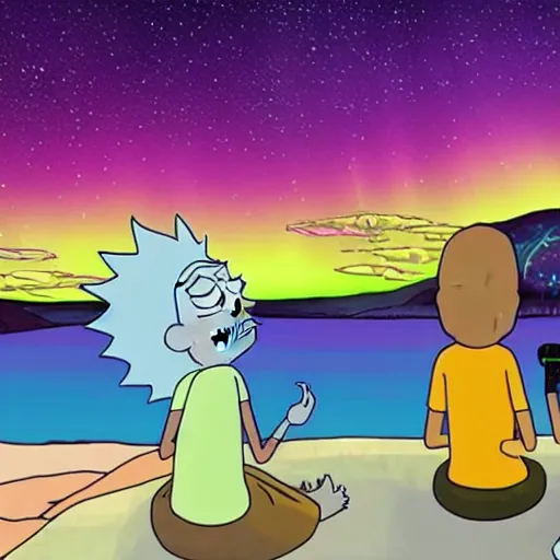 Prompt: rick and morty watching the aurora borealis