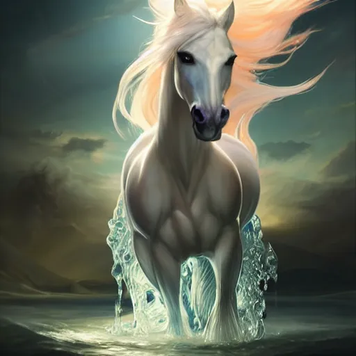 Prompt: a fantastical translucent poney made of water and foam, ethereal, radiant, hyperalism, scottish folklore, digital painting, artstation, concept art, smooth, 8 k frostbite 3 engine, ultra detailed, art by artgerm and greg rutkowski and magali villeneuve