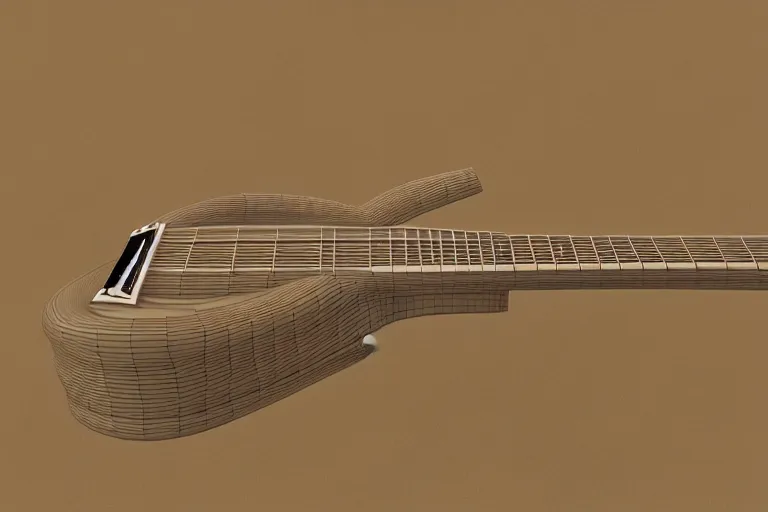 Image similar to junji ito guitar, 3d render