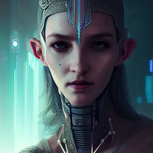 Prompt: cyberpunk robotic dark elvish king, diadem on the head, cyber implants, extremely detailed, hyperrealistic, intricate, soft light, fantasy, digital painting, art station, perfect faces, fine details, by wlop