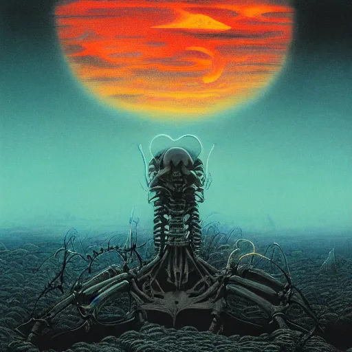 Image similar to space temple to death god, colorful, distant view, night sky, torches light, eerily beautiful, skeletal architecture, maximalist, awe inspiring, foreboding, ominous, miyazaki style, junji ito style, nausicaa, beksinski, studio ghibli, precise lines, bones , 8k, epic composition, cinematic, artstation, golden ratio,