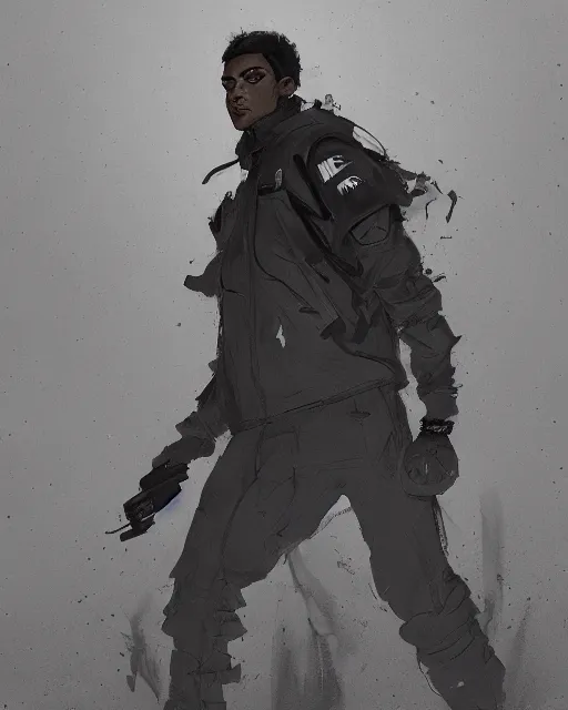 Image similar to Medium shot of a character wearing Nike ACG+Acronym+Riot Division in the style of greg rutkowski