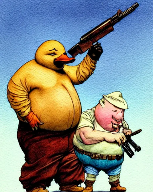 Prompt: a realistic and atmospheric watercolour fantasy character concept art portrait of a fat adorable dirty chibi duck wearing a wife beater and firing a handgun, by rebecca guay, michael kaluta, charles vess and jean moebius giraud