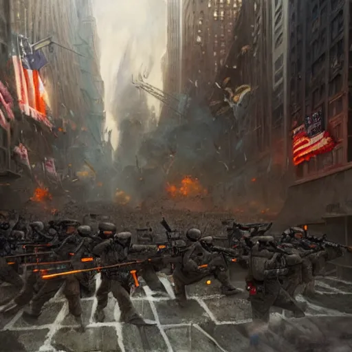 Prompt: masterpiece Squad of American soldiers moving cautiously with their guns up through the ruins of New York City, intense, 8k, cinematic, warfare, art by Greg Rutkowski, ray tracing