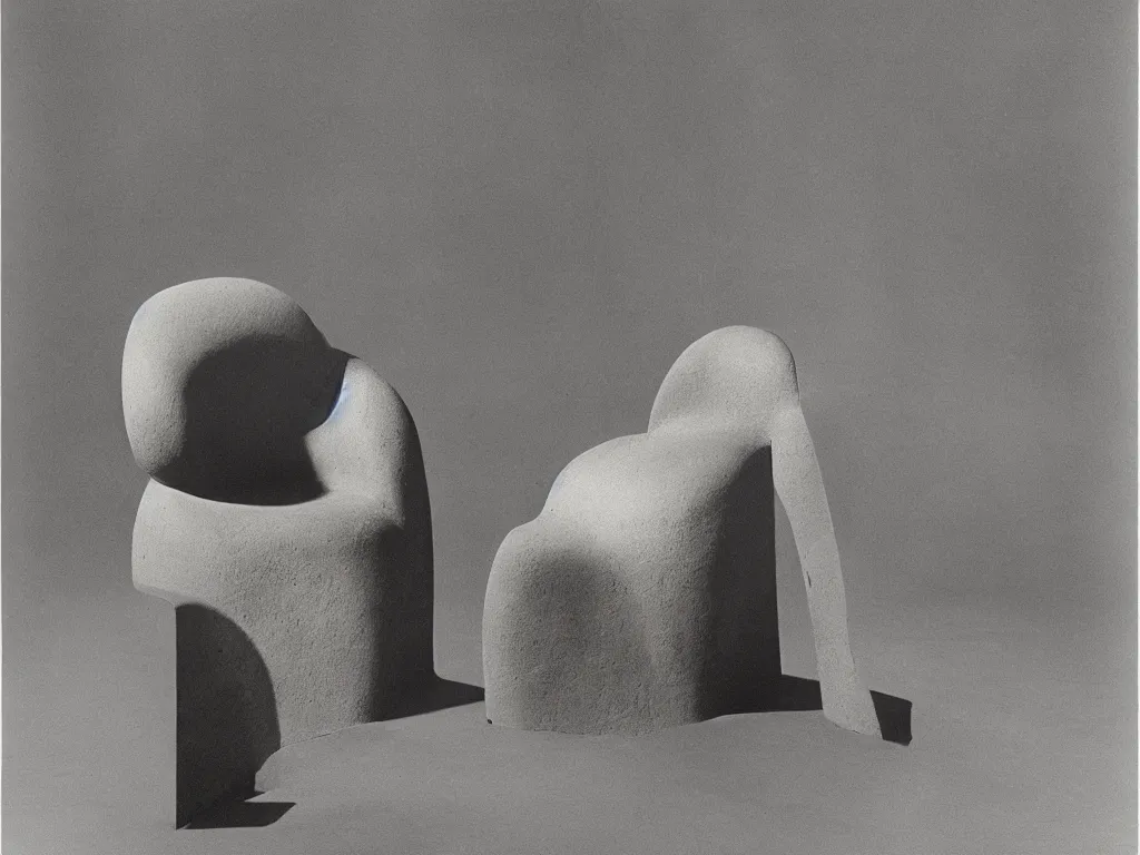 Prompt: stone round soft chair and table with primitive mask. karl blossfeldt, brancusi, beksinski